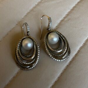 David Yurman Silver and Pearl Hoop Earrings